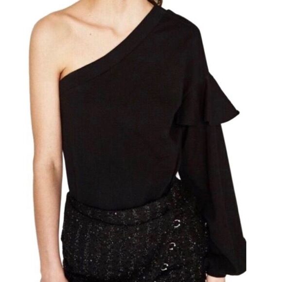 Zara One Shoulder Ruffle Sweater Top Medium - Picture 1 of 8